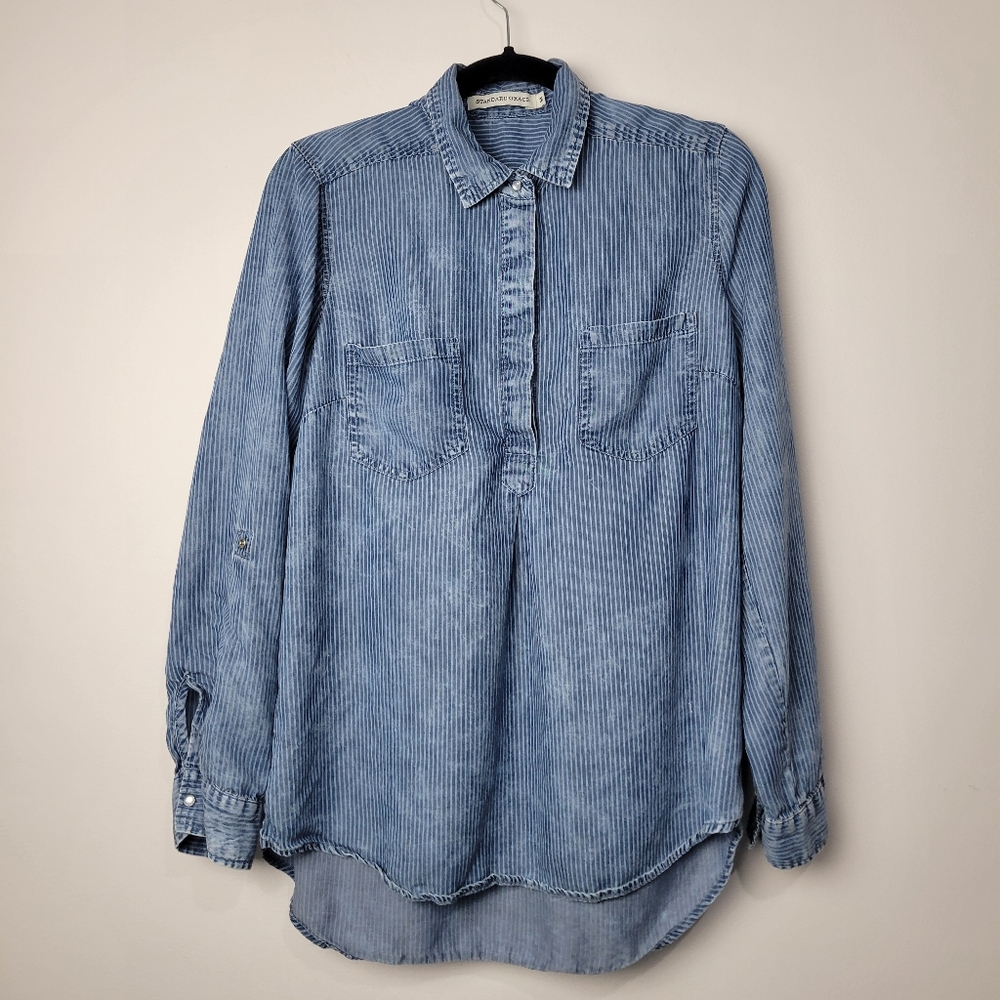 STANDARD GRACE WOMEN'S 3/4 SNAP UP LONG SLEEVE CHAMBRAY STONE WASH TOP SIZE M